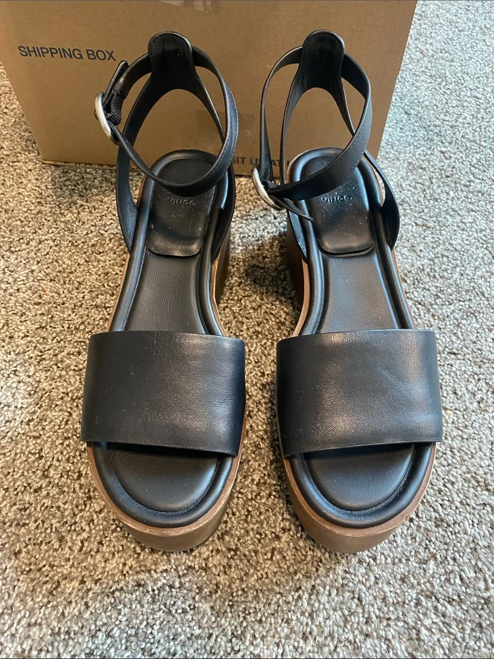 Vince Black Leather Ankle-Strap Wedge Sandals with Brown Platform